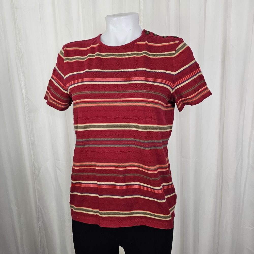 Lauren Ralph Lauren Striped Red Tee Button Shoulder Large Classic Traditonal